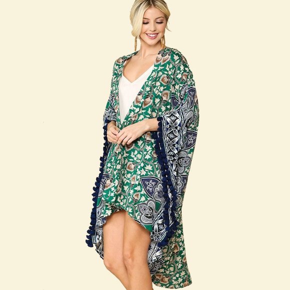 Gigio Border Print Tassel Trim Kimono • NWT • Rayon • Hi-Lo Hem • Open Front - Picture 6 of 6
